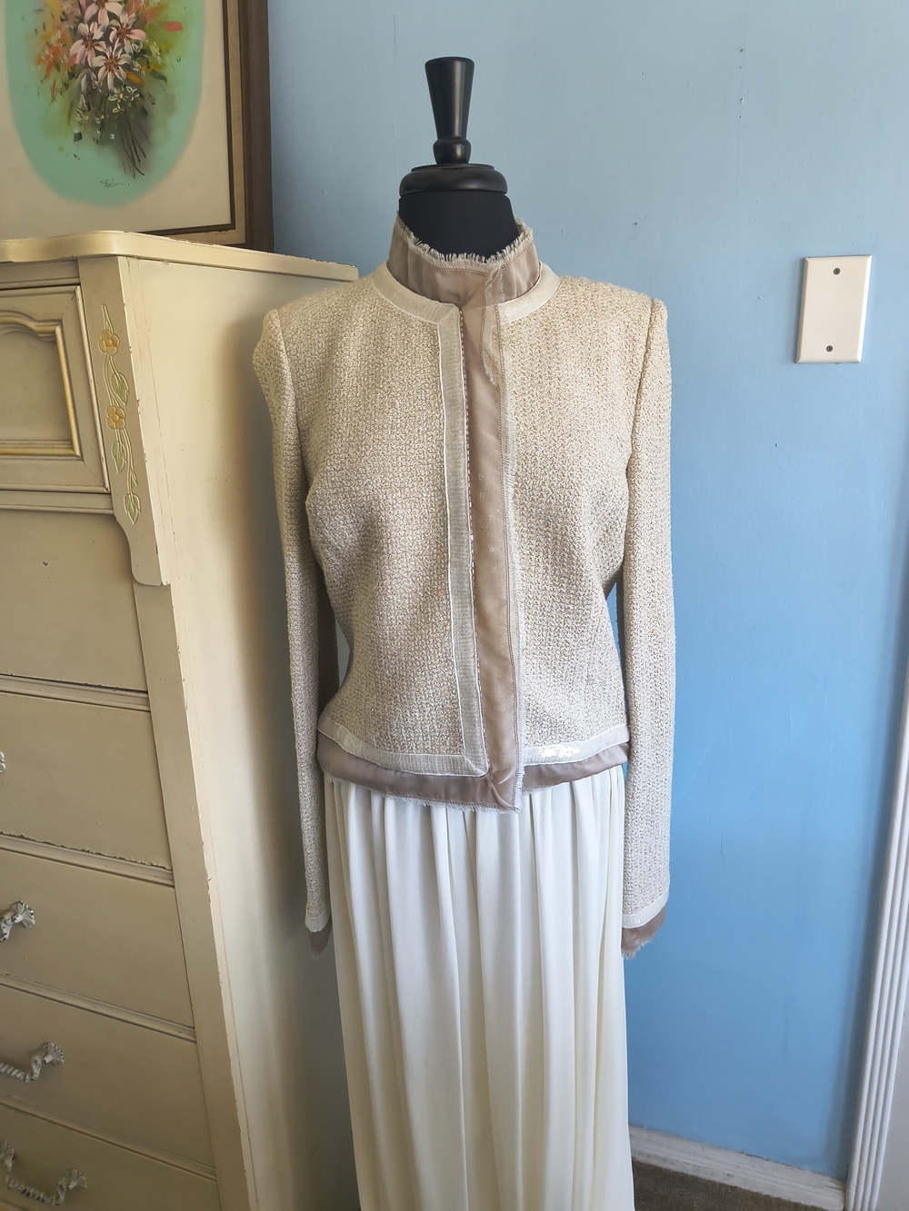 🦋 St. John Evening Sequins Tweed Ecru Jacket - Picture 5 of 10